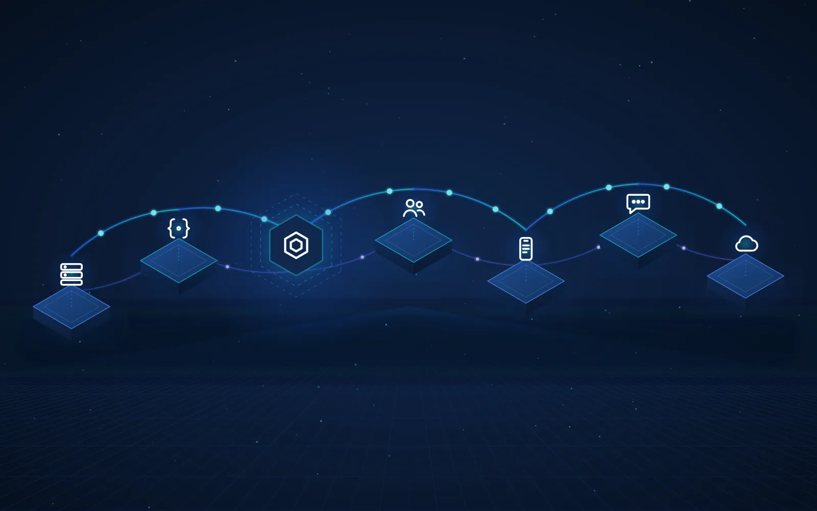 Cadena de sistemas conectados: ERP, API, hub de integración DDSis, CRM, aplicación, mensajería y nube intercambiando información.