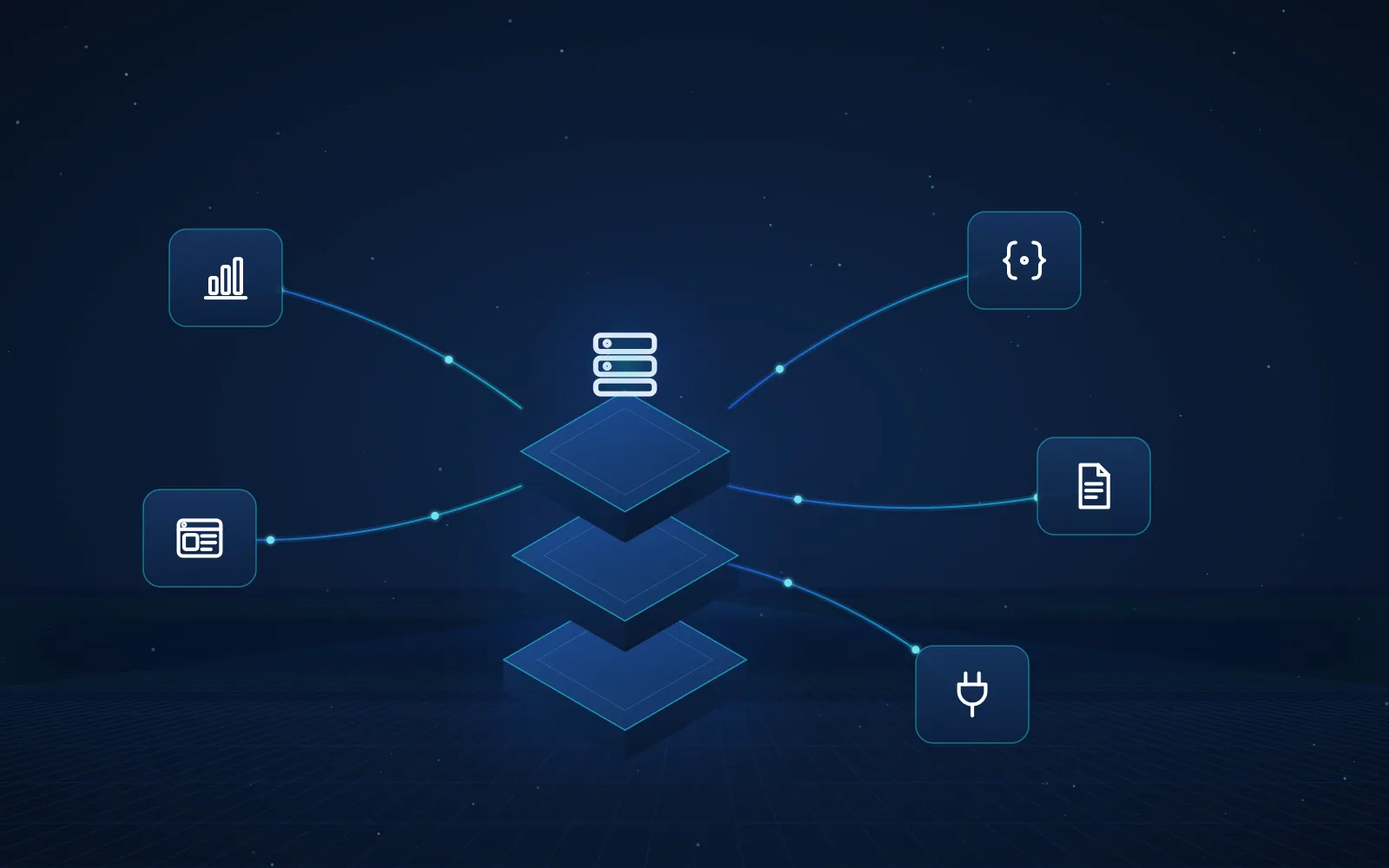 Módulos de un ERP con extensiones, interfaces y reportes conectados.