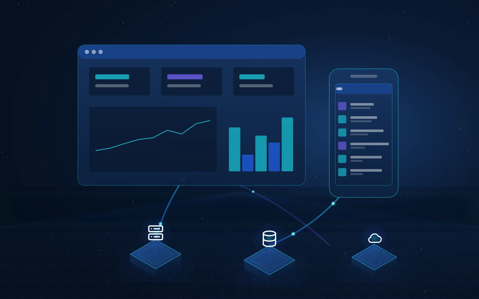 Aplicación web y aplicación móvil empresariales conectadas a servidores y base de datos.
